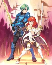 1boy 1girl alm_(fire_emblem) armor armored_boots army battle belt_pouch black_skirt black_thighhighs blue_armor boots breastplate breasts cape celica_(fire_emblem) choker couple dress earrings falchion_(fire_emblem) fighting fighting_stance fingerless_gloves fire_emblem fire_emblem_echoes:_shadows_of_valentia flag gauntlets gloves green_eyes green_hair hetero holding holding_sword holding_weapon jewelry long_hair looking_to_the_side manos_lagouvardos medium_breasts nintendo orange_eyes orange_hair pouch prince princess red_eyes red_hair short_hair shoulder_pads skirt sword thighhighs tiara weapon white_armor white_dress