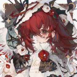 1girl angel_wings ascot bird black_ascot black_crown border brooch brown_eyes chinese_commentary cloud collared_shirt commentary_request commission crescent crossed_bangs crow crown dripping eyelashes eyepatch feathered_wings flower flower_brooch frilled_shirt_collar frills hair_between_eyes hair_flower hair_ornament hand_up high_collar jewelry light_particles long_hair long_sleeves marking_on_cheek mini_crown original outdoors outside_border peony_(flower) petals red_flower red_hair sample_watermark shirt single_wing solo sparkle teardrop_facial_mark thorns too_many_watermarks twilight upper_body veil watermark weibo_watermark white_border white_flower white_shirt white_veil white_wings wings xi_guapi