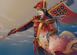 armor banner beard beret black_hair facial_hair hat japanese_clothes multicolored_hair mustache polearm sanada_masayuki sengoku_musou smile two-tone_hair weapon white_hair