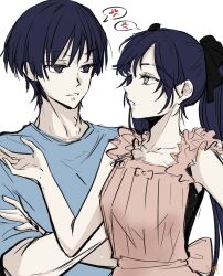 Rule 34 | 1boy, 1girl, adam&#039;s apple, alternate costume, alternate universe, anger vein, apron, aqua eyes, artist name, black bow, black hair, black undershirt, blue shirt, blue sleeves, blunt ends, bow, casual, collarbone, contemporary, crossed arms, frilled apron, frills, genshin impact, hair bow, half-closed eyes, hand on own arm, hand up, highres, kacchan 09, long hair, looking at another, mona (genshin impact), open hand, open mouth, parted bangs, pink apron, purple eyes, raised eyebrows, scaramouche (genshin impact), shirt, short sleeves, sketch, sleeveless, sleeveless shirt, spoken anger vein, twintails, white background, white mouth