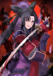 1girl absurdres armor black_hair black_hat breasts fate/grand_order fate_(series) grin hair_bun hat highres japanese_armor katana long_hair long_sleeves looking_at_viewer medium_breasts multicolored_eyes orange_eyes parted_bangs pelvic_curtain purple_eyes purple_lips s4ika sash side_ponytail sidelocks single_side_bun smile solo sword taira_no_kagekiyo_(fate) taira_no_kagekiyo_(first_ascension)_(fate) ushiwakamaru_(fate) very_long_hair weapon