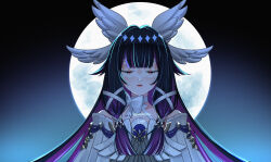 1girl absurdres black_hair bow choker closed_eyes colored_inner_hair columbina_(genshin_impact) commentary dress facing_viewer genshin_impact highres lexeliris long_hair moon multicolored_hair off-shoulder_dress off_shoulder parted_lips purple_hair solo upper_body very_long_hair white_bow white_choker white_dress