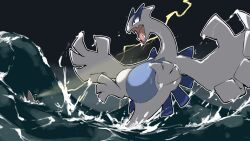 animal_focus blacknirrow creatures_(company) fangs flying game_freak gen_2_pokemon highres legendary_pokemon lightning lugia nintendo no_humans open_mouth outline pokemon pokemon_(creature) pokemon_focus solo v-shaped_eyes water waves white_outline