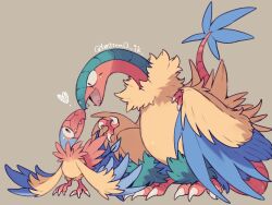 archen archeops artist_name claws evolutionary_line gen_5_pokemon grey_background highres looking_at_another mamebato nintendo no_humans open_mouth pokemon pokemon_(creature) simple_background