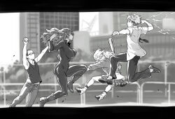 arms_up ball baseball_(object) baseball_bat battle blurry blurry_background boots bouncing_breasts breasts building buzz_cut city day dead_days denim electricity floating_hair gipsy_q glasses greyscale high_heel_boots high_heels holding holding_ball holding_baseball_bat impossible_clothes ito_fumi jacket jeans jumping jumpsuit kuresaka_teru large_breasts letterboxed loafers long_hair looking_at_another midair mitsumine_aira monochrome mr.fantastic_(band) opaque_glasses outdoors pants parody photo-referenced plaid_clothes plaid_skirt pleated_skirt punching railing shoes short_hair short_sleeves skin_tight skirt tank_top tengan_soukichi twintails very_short_hair