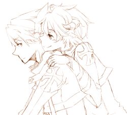 2boys arch_bishop_(ragnarok_online) blush brown_theme closed_mouth coat commentary_request expressionless fingerless_gloves gloves horns hug hug_from_behind looking_at_another male_focus monochrome multiple_boys profile ragnarok_online sansaro simple_background smile upper_body yaoi
