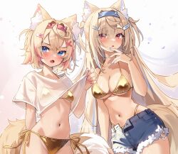 2girls alternate_costume animal_ear_fluff animal_ears bandaid bandaid_hair_ornament bare_shoulders bikini bikini_under_clothes bikini_under_shorts blonde_hair blue_eyes blue_hair blue_hairband blue_nails blue_shorts blush breasts clothes_lift commentary contrapposto crossed_bangs denim denim_shorts dog_ears dog_girl dog_tail dot_nose double-parted_bangs english_commentary eyebrows_hidden_by_hair fang fingernails floating_hair fur-trimmed_shorts fur_trim fuwawa_abyssgard gold_bikini golden_week hair_between_eyes hair_intakes hair_ornament hairband hairclip halterneck hand_on_own_chin hand_on_own_thigh hand_up highleg highleg_bikini highres hololive hololive_english horn_hairband kuri_(animejpholic) large_breasts long_eyelashes long_fingernails long_hair looking_at_viewer mococo_abyssgard multicolored_hair multiple_girls nail_polish navel no_shirt open_fly open_mouth panty_straps parted_lips pink_eyes pink_hair pink_hairband pink_nails see-through_clothes see-through_shirt shirt shirt_lift short_hair short_sleeves shorts siblings side-tie_bikini_bottom sideboob sidelocks simple_background sisters skin_fang small_breasts stomach streaked_hair string_bikini swimsuit t-shirt tail thick_eyelashes thighs torn_clothes torn_shorts twins two_side_up underboob virtual_youtuber white_shirt x_hair_ornament