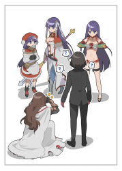2boys 3girls ? absurdres apron armored_boots black_footwear black_hair black_mittens black_pants blue_eyes boots border breasts brown_hair camera character_request check_character choker cleavage commentary_request constantine_xi_(fate) cracking_knuckles cross cross_choker dress elbow_gloves expressionless fate/grand_order fate_(series) gauntlets georgios_(fate) gloves hands_up hat highres holding holding_camera holding_cross holding_ladle ladle long_hair martha_(fate) martha_(santa)_(fate) martha_(swimsuit_ruler)_(third_ascension)_(fate) mittens multiple_boys multiple_girls multiple_persona pants purple_hair red_dress red_gloves red_hat shadow simple_background socks spoken_question_mark squatting standing swimsuit taking_picture thigh_strap tia_(cocorosso) white_apron white_background white_border white_socks