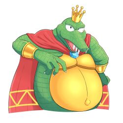 1boy cape colored_skin crown donkey_kong_(series) furry furry_male green_skin grey_background highres king_k._rool looking_at_viewer nintendo open_mouth red_cape reptile_boy sharp_teeth simple_background slk123084 solo teeth
