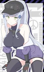 1girl absurdres baseball_bat black_gloves black_hat black_leotard black_thighhighs blunt_bangs breasts closed_mouth clover_hair_ornament collarbone girls&#039;_frontline girls&#039;_frontline_2:_exilium gloves green_eyes grey_hair hair_ornament hat highres hk416_(girls&#039;_frontline) jacket klukai_(girls&#039;_frontline_2) large_breasts leotard long_hair off_shoulder ponytail purple_jacket smile solo teardrop_facial_mark thighhighs uchikata_takeaki