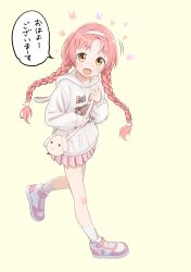 1girl absurdres animal_bag animal_hood bad_source braid full_body grey_hoodie hairband highres hood hood_down hoodie looking_at_viewer mimi_(princess_connect!) multicolored_shoes open_mouth pink_hair pink_skirt pleated_skirt princess_connect! rabbit_bag rabbit_hood shoes skirt socks solo speech_bubble standing standing_on_one_leg tanakaminos translation_request twin_braids two-tone_shoes white_hairband white_shoes white_socks yellow_background yellow_eyes
