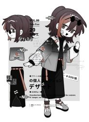 Rule 34 | 1girl, belt, black pants, black sweater, brown eyes, brown hair, brown socks, chinese commentary, clenched hand, closed mouth, colored skin, commentary request, commission, eyewear on head, full body, gauze, gauze on cheek, hand up, highres, jin fang jintian gu le ma, layered sleeves, long sleeves, multicolored hair, multiple views, open mouth, orange belt, orange hair, original, pants, reference sheet, shoes, short over long sleeves, short sleeves, smile, sneakers, socks, sunglasses, sweater, too many watermarks, turtleneck, turtleneck sweater, two-tone hair, watermark, white shoes, white skin
