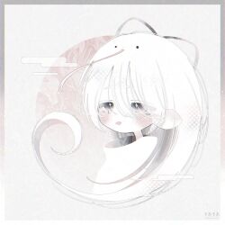 1girl artist_name blush border dot_nose ear_blush eyelashes gradient_border hair_between_eyes hair_ribbon highres long_hair looking_afar monochrome original portrait ribbon scales solo square thk_41