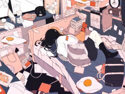 1girl analog_clock ankle_socks bag black_bag black_hair black_sailor_collar black_skirt black_socks bookstore cable cellphone clock collared_shirt daisukerichard fried_egg from_behind full_body hair_spread_out holding holding_stuffed_toy hugging_object indoors long_hair lying miniskirt mirror notebook on_bed on_side original phone pleated_skirt sailor_collar school_bag school_uniform serafuku shirt shop skirt smartphone socks solo stuffed_toy taped_note under_covers white_shirt