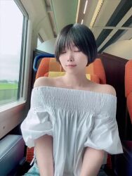 Rule 34 | 1girl, animated, asian, bare shoulders, black hair, bra, bra peek, breasts, breasts squeezed together, cleavage, clothes pull, highres, leaning forward, looking at viewer, medium breasts, off shoulder, parted lips, real life, short hair, sitting, smile, solo, sound, sumire live, tagme, teeth, train, twitter username, underwear, video