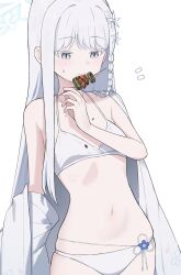 1girl absurdres bikini blue_archive blush braid breasts eating food grey_eyes grey_hair hair_ornament halo haramaki_(haranomaki) highres holding holding_food holding_skewer long_hair nagusa_(blue_archive) nagusa_(swimsuit)_(blue_archive) side_braid simple_background skewer small_breasts snowflake_hair_ornament solo sweat swimsuit very_long_hair white_background white_bikini
