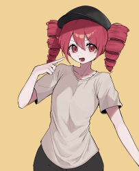 1girl absurdres alternate_costume baseball_cap black_hat black_pants brown_background brown_shirt casual collarbone double-parted_bangs drill_hair fang hair_between_eyes hat highres kasane_teto looking_at_viewer open_mouth pants pointing pointing_at_self red_eyes red_hair shirt short_sleeves sima.ani simple_background skin_fang smile solo twin_drills upper_body utau v-shaped_eyebrows