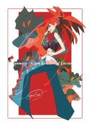 1girl :d absurdres arcanine belt border camerupt cccacademia commentary_request eyelashes flannery_(pokemon) game_freak gen_1_pokemon gen_2_pokemon gen_3_pokemon gen_4_pokemon hand_on_own_hip hand_up highres long_hair magcargo magmortar mega_camerupt mega_pokemon nintendo open_mouth pants pokemon pokemon_(creature) pokemon_oras ponytail rapidash red_background red_eyes red_hair shirt signature smile teeth tied_shirt torkoal upper_teeth_only white_belt white_border