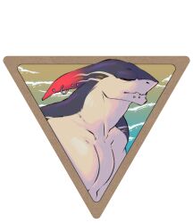 1boy bara black_sclera chin_piercing clenched_teeth colored_sclera commentary dislyte dorsal_fin english_commentary face_piercing fin_piercing furry furry_male highres male_focus muscular muscular_male pectorals piercing profile red_eyes shark_boy teeth tetsuya_(akuru)_(dislyte) topless_male upper_body white_background zinthings