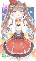 Rule 34 | 1girl, absurdres, back bow, bare shoulders, blue background, bow, breasts, brown hair, cleavage, cleavage cutout, closed mouth, clothing cutout, commentary, cowboy shot, dress, elbow gloves, frilled gloves, frills, fujishima megumi, gloves, hair intakes, hat, highres, holding, holding microphone, iroha (nami3), key of like!, large breasts, link! like! love live!, long hair, looking at viewer, love live!, microphone, mini hat, mini shako cap, official alternate costume, official alternate hairstyle, pleated dress, purple eyes, red dress, red hat, shako cap, short dress, sleeveless, sleeveless dress, smile, solo, split mouth, star (symbol), striped bow, tilted headwear, twintails, virtual youtuber, white gloves, yellow bow
