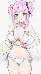 1girl angel_wings bare_shoulders bikini blue_archive blush breasts cleavage closed_mouth collarbone double_bun feathered_wings flower hair_bun hair_flower hair_ornament hair_ribbon hair_scrunchie halo highres large_breasts looking_down low_wings mika_(blue_archive) navel pink_hair pink_halo purple_flower purple_scrunchie ribbon scrunchie simple_background solo stomach swimsuit thighs white_background white_bikini white_ribbon white_wings wings yellow_eyes yomizu_(rdad3278)