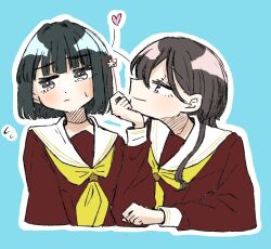 2girls averting_eyes black_hair blue_background blunt_bangs blunt_ends bob_cut brown_dress commentary cropped_torso dress flying_sweatdrops hair_over_shoulder hasu_no_sora_school_uniform heart jitome katsuragi_izumi link!_like!_love_live! long_hair long_sleeves looking_at_another love_live! momose_ginko multiple_girls neckerchief outline profile puripuri_hurai sailor_collar sailor_dress school_uniform short_hair simple_background sweatdrop white_outline white_sailor_collar winter_uniform wolf_cut yellow_neckerchief