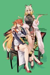 2girls absurdres alternate_costume animal_ears bare_shoulders black_bridal_gauntlets black_footwear blonde_hair breasts bridal_gauntlets china_dress chinese_clothes cleavage colored_inner_hair crossed_legs dress full_body genshin_impact green_background high_heels highres jaguar_ears jaguar_girl jaguar_tail long_hair mavuika_(genshin_impact) multicolored_hair multiple_girls nail_polish on_chair red_footwear red_hair shiba_(tonari_no_shiba_inu) simple_background sitting sleeveless sleeveless_dress standing tail thighs very_long_hair xilonen_(genshin_impact)