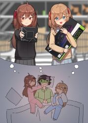 1boy 2girls :3 :d absurdres ahoge blue_eyes blue_pajamas blurry blurry_background brown_hair commentary dreaming english_commentary evil_neuro-sama fang fang_out geforce_rtx_5090 green_pajamas hair_ornament heart heart_hair_ornament highres hugging_object indie_virtual_youtuber lavidi long_hair long_sleeves multiple_girls neuro-sama open_mouth pajamas pants pillow pillow_hug pink_pajamas red_eyes shared_thought_bubble shopping_cart sleep_mask sleeping smile speech_bubble thought_bubble two_side_up vedal987 vedal_ai