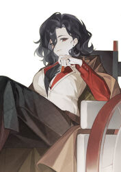 Rule 34 | 1girl, absurdres, black hair, black pantyhose, black skirt, blue neckerchief, brown coat, brown eyes, closed mouth, coat, coat on shoulders, earrings, feet out of frame, hair between eyes, hand up, highres, jewelry, light smile, long skirt, neckerchief, noire (reverse:1999), pantyhose, quanx70909457, red shirt, reverse:1999, shirt, short hair, sitting, skirt, solo, stud earrings, vest, wheelchair, white background, white vest