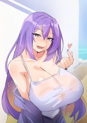 1girl alternate_costume artist_name bare_shoulders beach blonde_hair breasts camisole cleavage collarbone colored_inner_hair commentary day double-parted_bangs fingernails gradient_hair hair_between_eyes hand_up heart hololive hololive_indonesia huge_breasts index_finger_raised jacket long_hair lower_teeth_only moona_hoshinova multicolored_eyes multicolored_hair myumi off_shoulder open_mouth outdoors purple_camisole purple_eyes purple_hair purple_jacket purple_nails see-through_camisole see-through_clothes smile solo starry_hair sweat symbol-only_commentary teeth twitter_username two-tone_eyes upper_body very_long_hair yellow_eyes