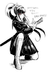 1girl black_hair crouching female_focus greyscale holy_jumonji_sword japanese_text last_defense_academy_school_uniform looking_at_viewer magadori_kyoshika monochrome ponytail simple_background sketch solo solo_focus the_hundred_line_-last_defense_academy- translation_request white_background