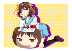 1girl armband black_socks blue_sailor_collar blue_skirt brown_hair brown_shoes closed_mouth collarbone commentary_request hair_ribbon hairband hand_on_own_cheek hand_on_own_face highres kita_high_school_uniform kneehighs kneeling kyon loafers long_sleeves medium_hair nazuki_h paperclip pleated_skirt red_armband red_ribbon ribbon sailor_collar school_uniform serafuku shirt shoes skirt smile socks solo suzumiya_haruhi suzumiya_haruhi_no_yuuutsu white_shirt winter_uniform yellow_hairband yellow_ribbon