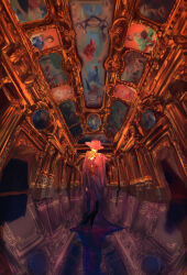 2boys blonde_hair full_body hallway hat highres holding_hands indoors jacket jacket_on_shoulders male_focus multiple_boys oji-sama_(ochi4t) picture_frame pillar reflective_floor rook_hunt short_hair twisted_wonderland vil_schoenheit