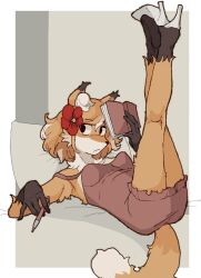 1girl absurdres animal_ears book border breasts dress flower fox_ears fox_girl fox_tail frilled_dress frills furry furry_female hair_flower hair_ornament headhonchkrow hibiscus high_heels highres holding holding_book holding_pen legs_up looking_at_viewer lying on_back original outside_border pen pillow purple_dress red_flower solo tail white_border