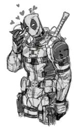 1boy belt bodysuit character_doll deadpool deadpool_&amp;_wolverine deadpool_(series) dishing doll gloves greyscale gun heart holding holding_behind_back holding_doll holding_weapon_behind_back implied_yaoi katana male_focus marvel marvel_cinematic_universe monochrome multiple_boys muscular muscular_male superhero_costume sword two-tone_bodysuit weapon wolverine_(x-men) x-men yaoi
