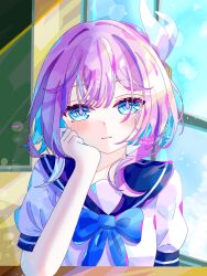 Rule 34 | 1girl, alternate costume, blue bow, blue bowtie, blue eyes, blue sailor collar, bow, bowtie, chalkboard, classroom, commentary request, cyrene (honkai: star rail), hair ornament, hand on own cheek, hand on own face, highres, honkai: star rail, honkai (series), indoors, jitsugetsu (bakavh0hok87401), looking at viewer, medium hair, multicolored hair, pink hair, sailor collar, school uniform, serafuku, solo, two-tone hair, white hair, white serafuku, window