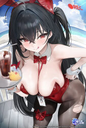 1girl :q absurdres ahoge animal_ear_hairband animal_ears artist_request azur_lane bare_shoulders between_breasts black_hair black_pantyhose blush bow bowtie breasts cleavage closed_mouth commentary copyright_name copyright_notice covered_navel crossed_bangs cup detached_collar drinking_glass english_commentary english_text fake_animal_ears hair_between_eyes hair_intakes hairband hand_on_own_hip highleg highleg_leotard highres holding holding_tray lanyard large_breasts leaning_forward leotard long_hair looking_at_viewer manjuu_(azur_lane) ocean official_alternate_costume official_alternate_hairstyle official_art one_side_up pantyhose rabbit_ear_hairband rabbit_ears recording red_bow red_bowtie red_eyes red_leotard second-party_source skindentation smile solo strapless strapless_leotard taihou_(azur_lane) taihou_(fun_on_the_baize)_(azur_lane) tongue tongue_out torn_clothes torn_pantyhose tray very_long_hair white_wrist_cuffs wrist_cuffs