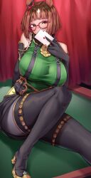1girl absurdres animal_ears black_boots black_gloves black_pantyhose black_shorts black_suspenders blush boots breasts cosplay elbow_gloves full_body glasses gloves green_eyes green_sweater hair_between_eyes high_heel_boots high_heels highres horse_ears horse_girl horse_tail long_hair looking_at_viewer medium_breasts multicolored_hair necktie pantyhose ribbed_sweater satono_crown_(umamusume) satono_crown_(umamusume)_(cosplay) shorts sleeveless sleeveless_sweater smile solo streaked_hair sweater tabunshake tail thigh_boots transcend_(umamusume) umamusume white_hair yellow_necktie