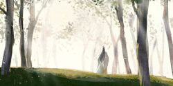 1boy black_hair chinese_clothes falling_leaves forest from_behind grass hanfu headband lan_wangji leaf long_hair long_sleeves modao_zushi nature outdoors standing topknot tree white_hanfu white_headband wide_sleeves xianduguaitan