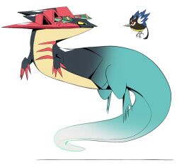 bright_pupils claws closed_mouth dragapult dreepy flying gen_8_pokemon nintendo no_humans pokemon pokemon_(creature) pokemon_focus psaber97 red_eyes rookidee white_background yellow_eyes