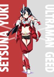 1girl belt black_hair black_shorts boots breasts buckle character_name color_timer commentary cosplay crossover english_text grey_eyes grin hair_ornament headphones high_heel_boots high_heels highres jacket large_breasts long_hair looking_at_viewer love_live! midriff navel one_eye_closed pants red_pants sasanon_(sasapoliton) short_shorts shorts sidelocks smile solo straight_hair ultra_series ultraman_geed ultraman_geed_(cosplay) ultraman_geed_(series) yuki_setsuna