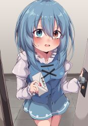 1girl blue_eyes blue_hair blue_skirt blue_vest blush breasts brown_eyes commentary_request cowboy_shot envelope hair_between_eyes heterochromia highres holding holding_envelope juliet_sleeves letter long_sleeves looking_at_viewer love_letter medium_breasts medium_hair open_mouth puffy_sleeves shirt sidelocks siw0n skirt skirt_set solo sweatdrop tatara_kogasa textless_version touhou vest white_shirt