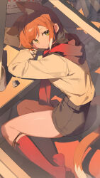 1girl absurdres animal_ear_fluff animal_ears arknights black_skirt brown_shoes calendar_(object) closed_mouth commentary_request green_eyes highres indoors long_sleeves mousse_(arknights) no_shoes orange_hair red_socks shoes sitting skirt socks tail teketi yokozuwari