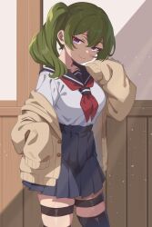 1girl absurdres alternate_costume artist_name black_sailor_collar blue_skirt blue_thighhighs breasts brown_cardigan cardigan closed_mouth commentary_request contemporary cowboy_shot double-parted_bangs green_hair gyaru high-waist_skirt highres indoors kogal large_breasts light_blush long_hair looking_at_viewer mol563_dev neckerchief off_shoulder open_cardigan open_clothes pleated_skirt purple_eyes red_neckerchief sailor_collar school_uniform serafuku shirt shirt_tucked_in side_ponytail skirt sleeves_past_fingers sleeves_past_wrists smile solo sousou_no_frieren standing thigh_strap thighhighs ubel_(sousou_no_frieren) white_shirt zettai_ryouiki