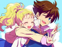 1boy 1girl bartz_klauser blonde_hair blue_background blue_dress blue_vest brown_hair closed_eyes collared_shirt dress final_fantasy final_fantasy_v hair_between_eyes hair_tie hug hug_from_behind jacket krile_mayer_baldesion_(ff5) light_blush long_hair one_eye_closed open_mouth outstretched_arms ponytail popped_collar sanroku_3 shirt short_hair smile twitter_username upper_body vest wavy_hair white_shirt yellow_jacket