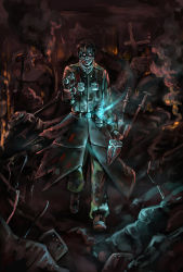 1boy army_uniform blood boots fire gun highres lantern pumpkin_scissors randal_orlando short_hair weapon
