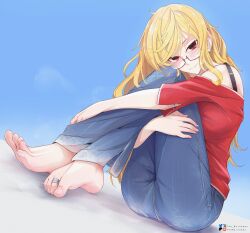 1girl artist_name ass barefoot blonde_hair blue_jeans blue_pants blush bra_strap breasts casual crossed_legs denim dutch_angle feet glasses head_tilt highres hololive hololive_indonesia hugging_own_legs jeans jewelry kaela_kovalskia large_breasts long_hair looking_at_viewer pants red_eyes red_shirt semi-rimless_eyewear shirt smile soles the_raineman toe_ring toe_scrunch toenails toes tsurime virtual_youtuber