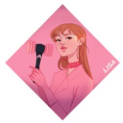 Rule 34 | 1girl, artist name (singer), black eyeliner, blackpink, chalseu, character name, commentary, earrings, english commentary, eyeliner, glasses, gloves, holding, holding lightstick, hoop earrings, jacket, jewelry, k-pop, light smile, lightstick, lisa (blackpink), makeup, necklace, pink background, pink gloves, pink jacket, real life, simple background, solo