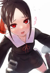 1girl @_@ aroused belt black_dress black_hair black_socks blurry blush breasts commentary_request depth_of_field dress drooling eyelashes flying_sweatdrops folded_ponytail full-face_blush hair_ribbon heart heavy_breathing highres irarei_(araisanblog) kaguya-sama_wa_kokurasetai_~tensai-tachi_no_renai_zunousen~ kneeling looking_at_viewer mouth_drool open_belt paid_reward_available parted_bangs pov red_eyes red_ribbon ribbon school_uniform sexually_suggestive shinomiya_kaguya shuuchiin_academy_school_uniform sidelocks simple_background small_breasts socks solo_focus twitter_username undressing upturned_eyes white_background white_footwear