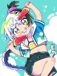 1girl blue_jacket blush_stickers braid camisole commentary_request crop_top feet_out_of_frame food green_hair green_jacket green_shorts grin highres holding holding_food jacket long_hair looking_at_viewer midriff multicolored_hair navel notamaru_2 open_clothes open_jacket original popsicle short-sleeved_jacket short_sleeves shorts single_bare_shoulder single_braid smile solo striped_camisole two-tone_hair watermelon_bar white_hair yellow_camisole yellow_eyes